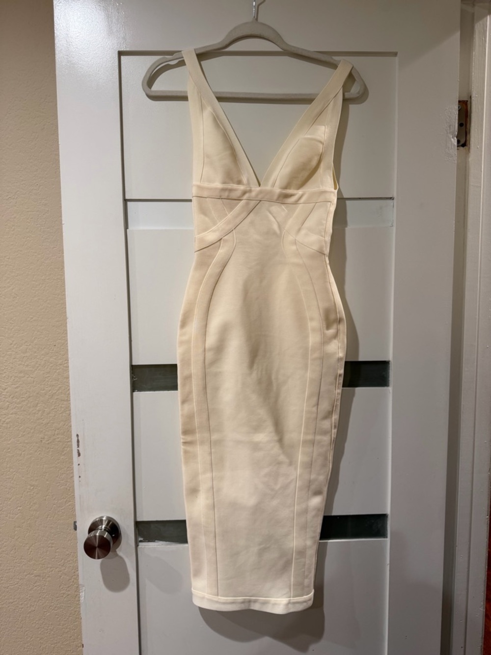 House of CB Cream V‑Neck Midi Sheath Dress